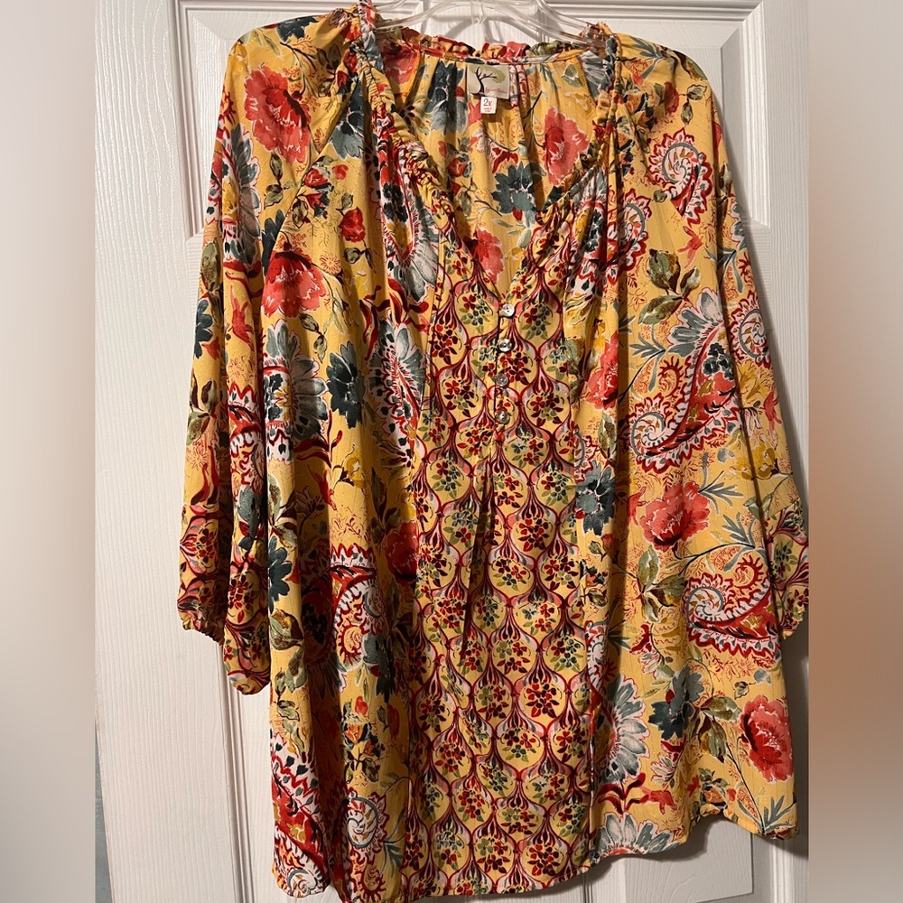 fig and flower Yellow Floral Boho Blouse with Red and Green Accents